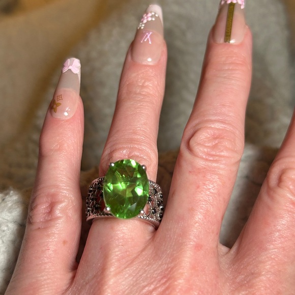 Jewelry - 331. Chartreuse Quartz Thai Black Spinel Ring/Platinum Over Sterling